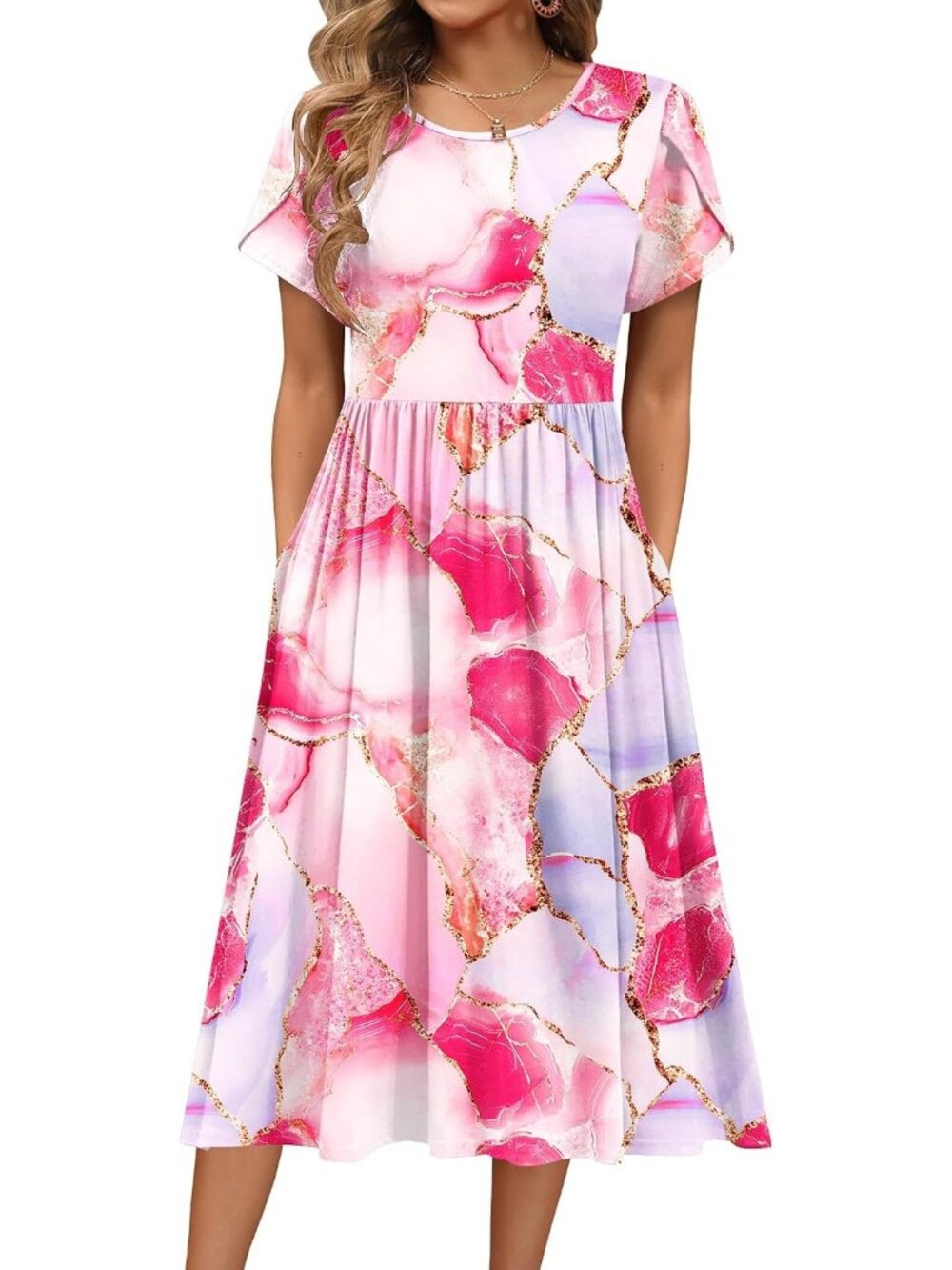 〽️Women's Pink White Floral Short Sleeve Midi Dress A Line Summer Dress Pockets